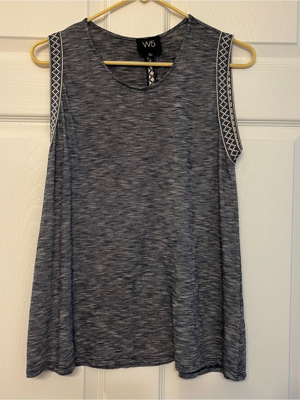 W5 Gray Heather Sleeveless Knit Tank with Embroidered Shoulder Trim